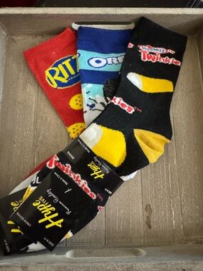 Novelty Snack-Brand Crew Socks - Black, Red, Blue
